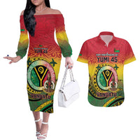 Personalised Vanuatu Couples Matching Off The Shoulder Long Sleeve Dress and Hawaiian Shirt Yumi 46th Hapi Independens Dei - Reggae Version LT14 Reggae - Polynesian Pride