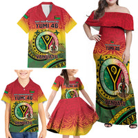Personalised Vanuatu Family Matching Off Shoulder Maxi Dress and Hawaiian Shirt Yumi 46th Hapi Independens Dei - Reggae Version LT14 - Polynesian Pride