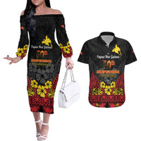Papua New Guinea Independence Day Couples Matching Off The Shoulder Long Sleeve Dress and Hawaiian Shirt PNG Bird of Paradise 50th Anniversary LT14