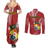 Personalised Tonga Independence Day Couples Matching Summer Maxi Dress and Long Sleeve Button Shirt Happy 54th Independence Anniversary Ngatu Pattern