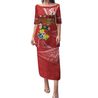 Personalised Tonga Independence Day Puletasi Happy 54th Independence Anniversary Ngatu Pattern LT14 Long Dress Red - Polynesian Pride