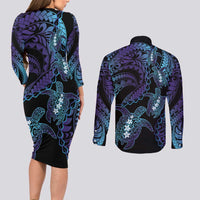 Polynesia Sea Turtle Day Couples Matching Long Sleeve Bodycon Dress and Long Sleeve Button Shirt Tribal Honu Plumeria Polynesian Pattern