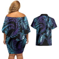 Polynesia Sea Turtle Day Couples Matching Off Shoulder Short Dress and Hawaiian Shirt Tribal Honu Plumeria Polynesian Pattern