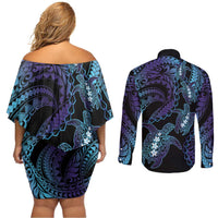 Polynesia Sea Turtle Day Couples Matching Off Shoulder Short Dress and Long Sleeve Button Shirt Tribal Honu Plumeria Polynesian Pattern