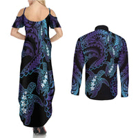 Polynesia Sea Turtle Day Couples Matching Summer Maxi Dress and Long Sleeve Button Shirt Tribal Honu Plumeria Polynesian Pattern