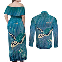 World Sea Turtle Day Polynesia Couples Matching Off Shoulder Maxi Dress and Long Sleeve Button Shirt Go With The Flow