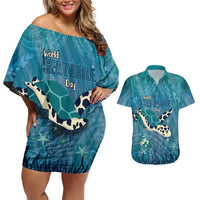 World Sea Turtle Day Polynesia Couples Matching Off Shoulder Short Dress and Hawaiian Shirt Go With The Flow