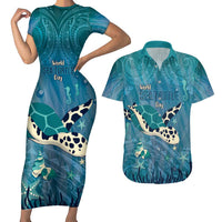 World Sea Turtle Day Polynesia Couples Matching Short Sleeve Bodycon Dress and Hawaiian Shirt Go With The Flow
