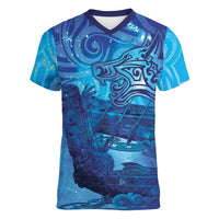 Kuri New Zealand Matariki Women V-Neck T-Shirt Aotearoa Dog Waka Maori New Year Galaxy Vibes LT14 Female Blue - Polynesian Pride
