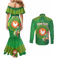 Personalized Manu'a Cession Day Couples Matching Mermaid Dress and Long Sleeve Button Shirt Tropical Flowers With Polynesian Pattern