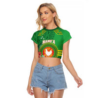Personalized Manu'a Cession Day Raglan Cropped T Shirt Tropical Flowers With Polynesian Pattern LT14 Female Green - Polynesian Pride