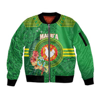 Personalized Manu'a Cession Day Sleeve Zip Bomber Jacket Tropical Flowers With Polynesian Pattern LT14 Unisex Green - Polynesian Pride