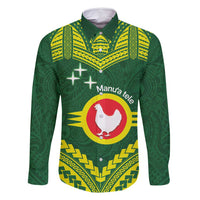 Manu'a Flag Day Family Matching Off Shoulder Short Dress and Hawaiian Shirt Polynesian Pattern National Color Proud LT14 Dad's Shirt - Long Sleeve Green - Polynesian Pride