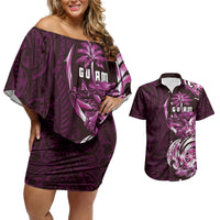 Kulot Di Rosa Guam Chamorro Couples Matching Off Shoulder Short Dress and Hawaiian Shirt Guahan Seal Tattoo LT14 Pink - Polynesian Pride