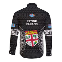 Fiji Rugby Long Sleeve Button Shirt 2023 Fijian Tapa Pattern World Cup Black LT14 - Polynesian Pride