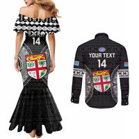 Custom Fiji Rugby Couples Matching Mermaid Dress and Long Sleeve Button Shirts 2023 Fijian Tapa Pattern World Cup Black LT14 - Polynesian Pride