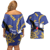 Nauru Angam Day Couples Matching Off Shoulder Short Dress and Hawaiian Shirt Naoero Frigate Bird Polynesian Pattern