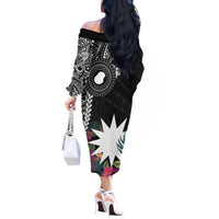 Black Nauru Off The Shoulder Long Sleeve Dress Naoero Map With Polynesian Tropical Flowers