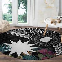 Black Nauru Round Carpet Naoero Map With Polynesian Tropical Flowers