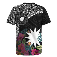 Black Nauru Rugby Jersey Naoero Map With Polynesian Tropical Flowers