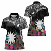 Black Nauru Women Polo Shirt Naoero Map With Polynesian Tropical Flowers