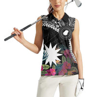 Black Nauru Women Sleeveless Polo Shirt Naoero Map With Polynesian Tropical Flowers