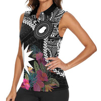 Black Nauru Women Sleeveless Polo Shirt Naoero Map With Polynesian Tropical Flowers