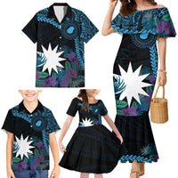 Blue Nauru Family Matching Mermaid Dress and Hawaiian Shirt Naoero Map With Polynesian Tropical Flowers
