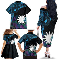 Blue Nauru Family Matching Off The Shoulder Long Sleeve Dress and Hawaiian Shirt Naoero Map With Polynesian Tropical Flowers