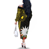 Gold Nauru Family Matching Off The Shoulder Long Sleeve Dress and Hawaiian Shirt Naoero Map With Polynesian Tropical Flowers