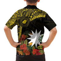 Gold Nauru Family Matching Short Sleeve Bodycon Dress and Hawaiian Shirt Naoero Map With Polynesian Tropical Flowers