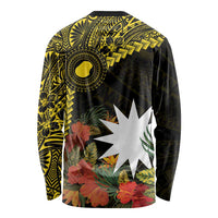Gold Nauru Long Sleeve Shirt Naoero Map With Polynesian Tropical Flowers