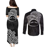 Personalised Pohnpei Nukuoro Micronesia Couples Matching Puletasi and Long Sleeve Button Shirt Polynesian Tattoo Curves Black Version
