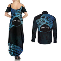Personalised Pohnpei Nukuoro Micronesia Couples Matching Summer Maxi Dress and Long Sleeve Button Shirt Polynesian Tattoo Curves Blue Version