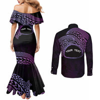 Personalised Pohnpei Nukuoro Micronesia Couples Matching Mermaid Dress and Long Sleeve Button Shirt Polynesian Tattoo Curves Purple Version