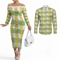 Aloha Hawaii Ilima Maile Lei Couples Matching Off The Shoulder Long Sleeve Dress and Long Sleeve Button Shirt Palaka Inspired Hawaiian-plaid White