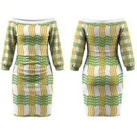 Aloha Hawaii Ilima Maile Lei Couples Matching Off The Shoulder Long Sleeve Dress and Long Sleeve Button Shirt Palaka Inspired Hawaiian-plaid White