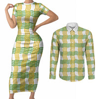 Aloha Hawaii Ilima Maile Lei Couples Matching Short Sleeve Bodycon Dress and Long Sleeve Button Shirt Palaka Inspired Hawaiian-plaid White