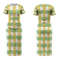 Aloha Hawaii Ilima Maile Lei Couples Matching Short Sleeve Bodycon Dress and Long Sleeve Button Shirt Palaka Inspired Hawaiian-plaid White