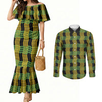 Aloha Hawaii Ilima Maile Lei Couples Matching Mermaid Dress and Long Sleeve Button Shirt Palaka Inspired Hawaiian-plaid Black