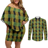 Aloha Hawaii Ilima Maile Lei Couples Matching Off Shoulder Short Dress and Long Sleeve Button Shirt Palaka Inspired Hawaiian-plaid Black