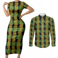 Aloha Hawaii Ilima Maile Lei Couples Matching Short Sleeve Bodycon Dress and Long Sleeve Button Shirt Palaka Inspired Hawaiian-plaid Black