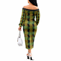 Aloha Hawaii Ilima Maile Lei Off The Shoulder Long Sleeve Dress Palaka Inspired Hawaiian-plaid Black