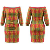 Aloha Hawaii Ilima Maile Lei Couples Matching Off The Shoulder Long Sleeve Dress and Long Sleeve Button Shirt Palaka Inspired Hawaiian-plaid Red