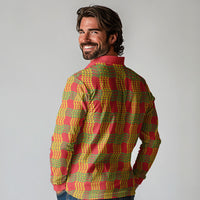 Aloha Hawaii Ilima Maile Lei Long Sleeve Polo Shirt Palaka Inspired Hawaiian-plaid Red