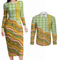 Hawaii Leis Palaka Motifs Couples Matching Long Sleeve Bodycon Dress and Long Sleeve Button Shirt Pikake Pakalana Maile Ilima Kakau Style