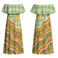 Hawaii Leis Palaka Motifs Couples Matching Off Shoulder Maxi Dress and Hawaiian Shirt Pikake Pakalana Maile Ilima Kakau Style
