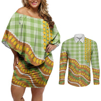 Hawaii Leis Palaka Motifs Couples Matching Off Shoulder Short Dress and Long Sleeve Button Shirt Pikake Pakalana Maile Ilima Kakau Style