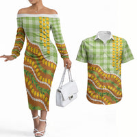 Hawaii Leis Palaka Motifs Couples Matching Off The Shoulder Long Sleeve Dress and Hawaiian Shirt Pikake Pakalana Maile Ilima Kakau Style
