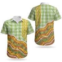 Hawaii Leis Palaka Motifs Couples Matching Off The Shoulder Long Sleeve Dress and Hawaiian Shirt Pikake Pakalana Maile Ilima Kakau Style